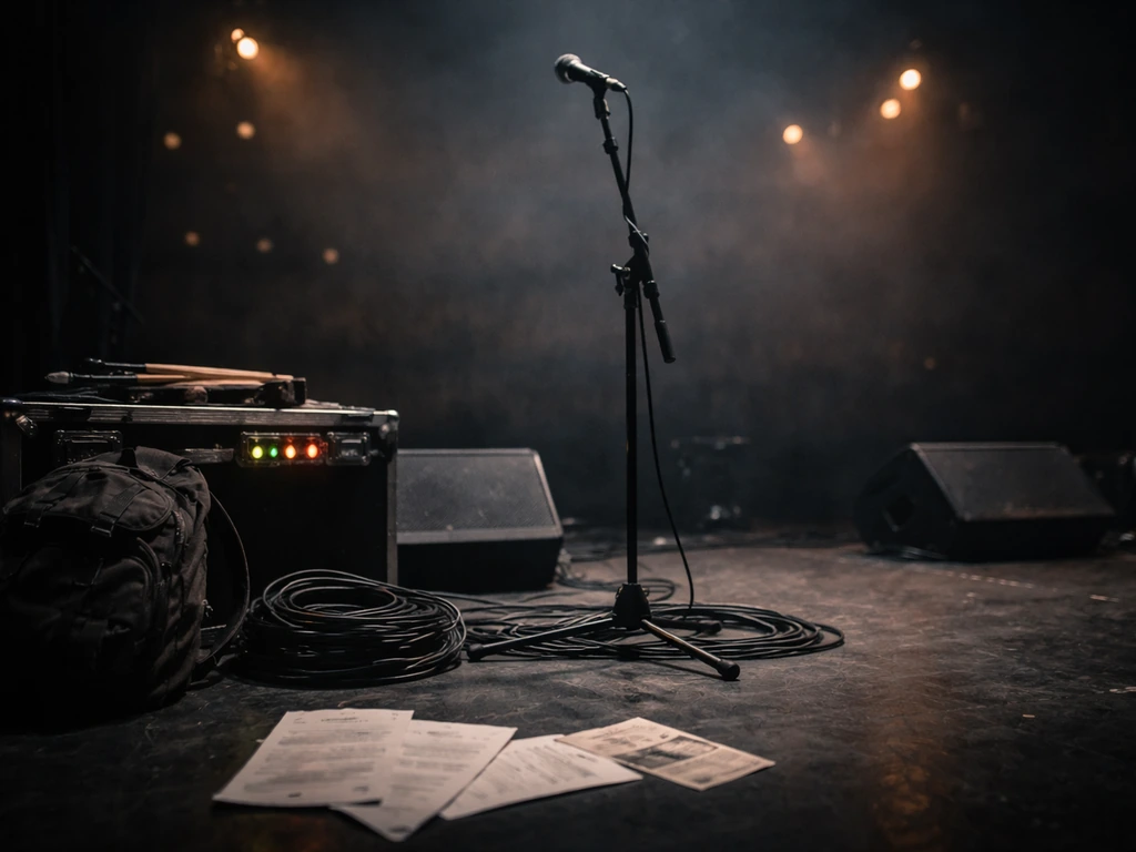Metal stage setup with microphone, touring gear, and unreadable setlists on the floor