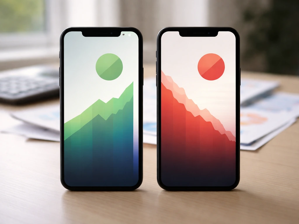 Two unbranded phones on a desk showing differing abstract finance views.