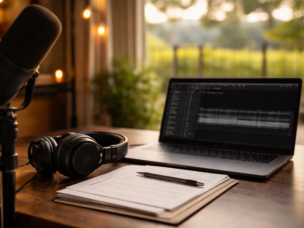 Minimal media-work desk with microphone and headphones, with a softly blurred vineyard beyond a window.