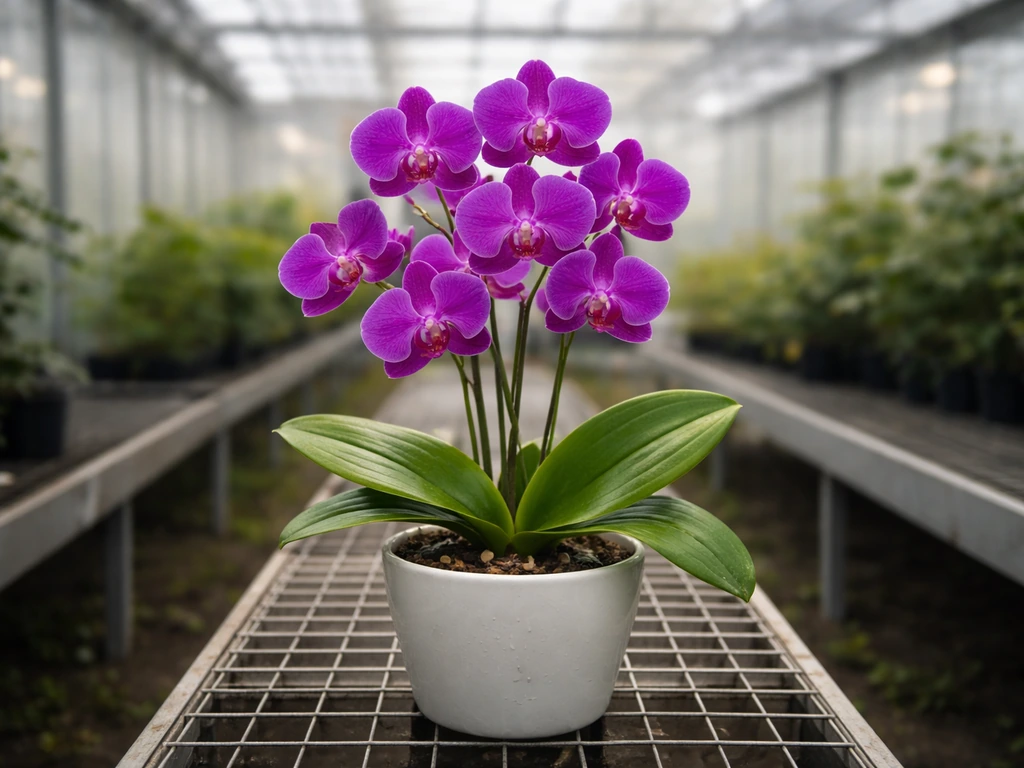 Purple orchid in a quiet greenhouse nursery with soft natural light through panels