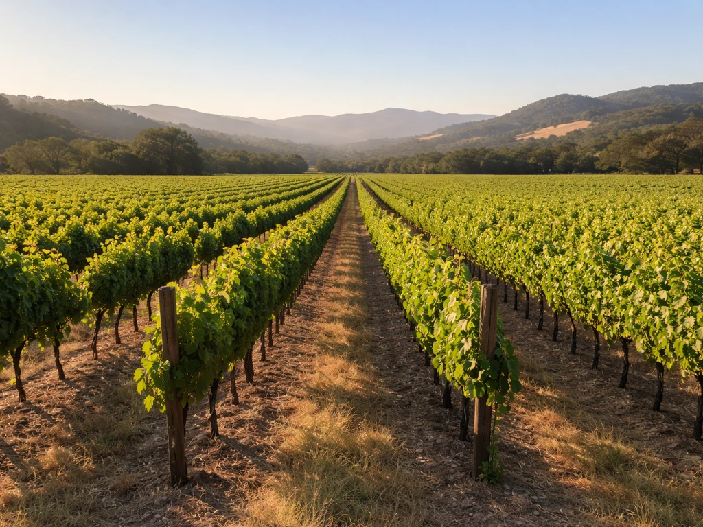 Sunlit rows of grapevines in Dry Creek Valley vineyard with rolling hills in the distance