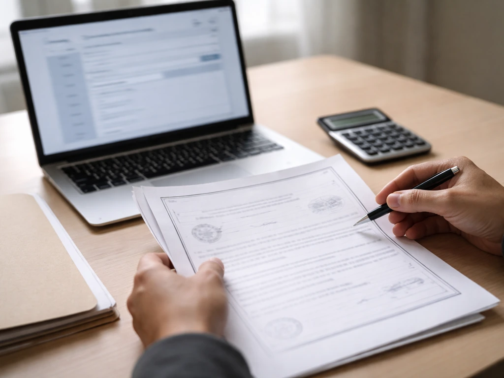 Person reviewing property records on a laptop with a deed folder and calculator on a desk