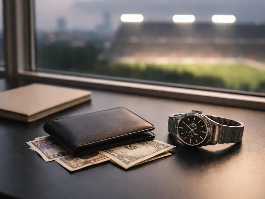 Minimal luxury finance scene with a soccer-themed touch: watch, wallet, and blurred stadium lights at dusk