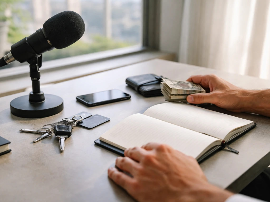 Hands arrange a microphone, smartphone, wallet and blank notebook to symbolize footballers’ income streams.