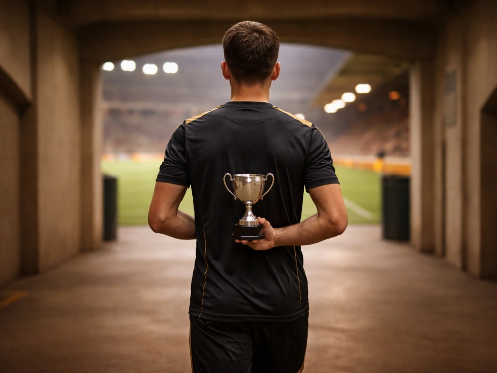 Footballer in Wolves kit holding a trophy in an empty stadium corridor before a match.