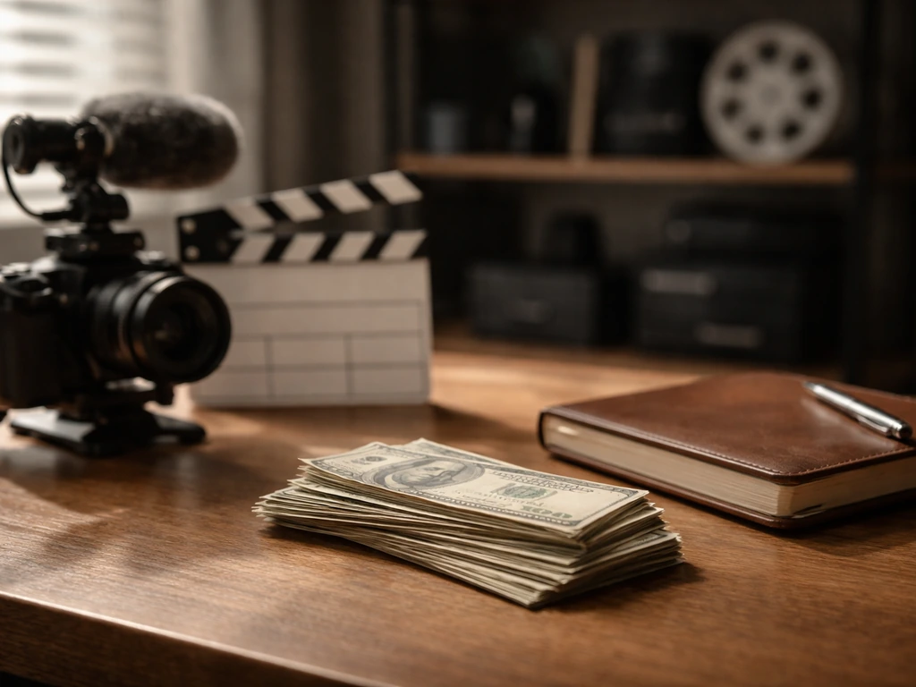 Minimal office scene with film and money symbolism—blurred camera rig and cash in a studio desk setup