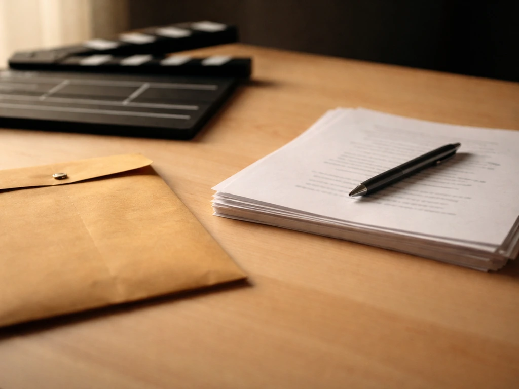 Minimal scene of a filmmaking budget envelope beside a clapperboard and scattered scripts under warm desk light.