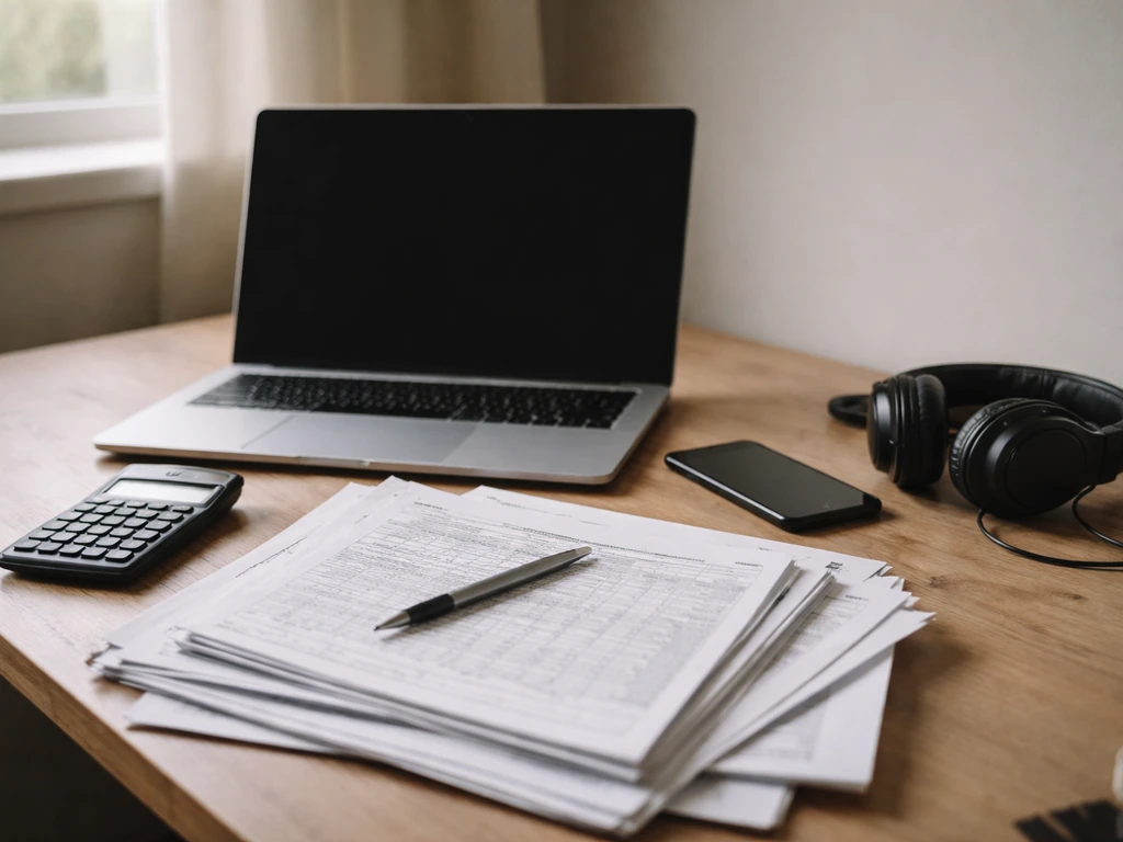 Minimal workspace with a laptop, calculator, and film industry documents symbolizing checking public revenue sources.
