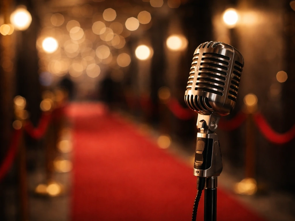 Close-up of a silver studio microphone on a stage with warm bokeh lights in the background.