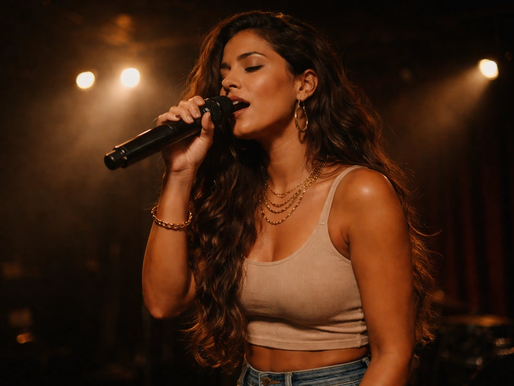 Brazilian female singer performing on stage with a handheld microphone under warm concert lights