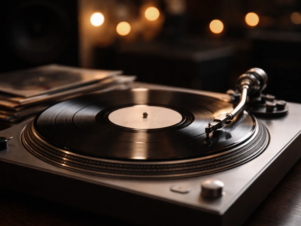 Close-up of a vinyl record on a turntable with soft studio lights, symbolizing album royalties and music sales.