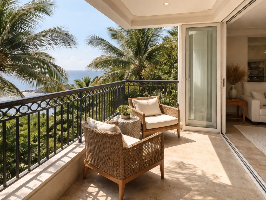 Sunlit luxury apartment balcony overlooking a quiet city, symbolizing real estate wealth.