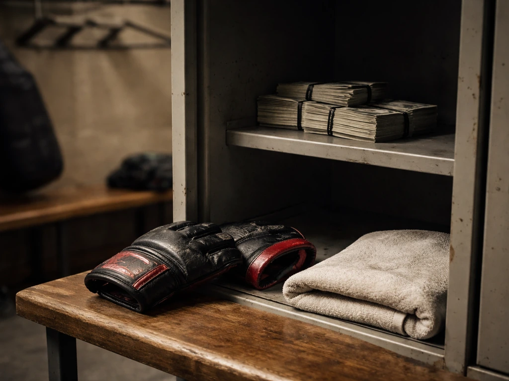 MMA-themed training locker with cash and a pair of gloves, symbolizing earnings and champion legacy.