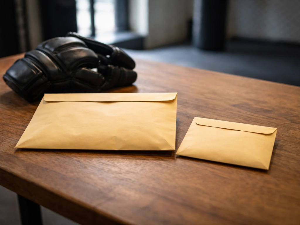UFC-style payout moment with cash envelopes and a small boxing glove on a table, showing show and win amounts
