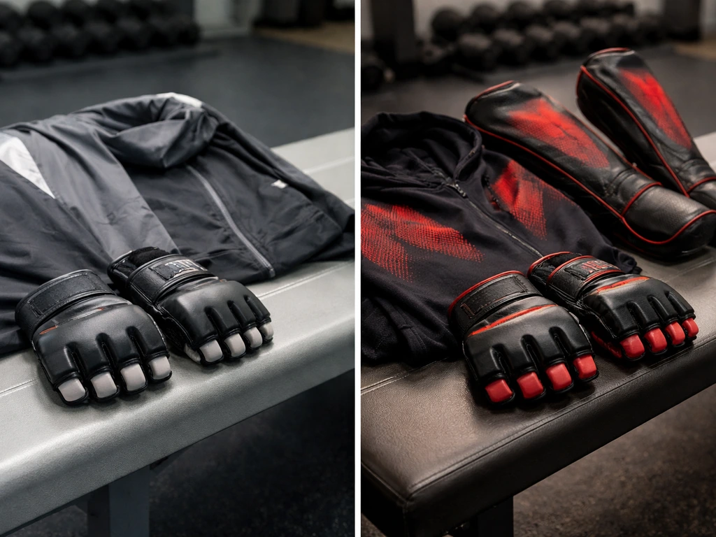 Split-view of UFC-style fight gear on hangers: one side clean Reebok-era look, other side Venum-era look