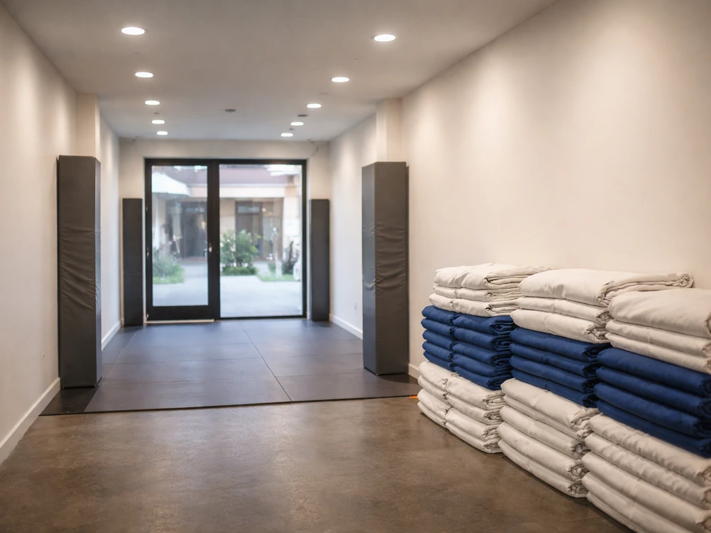 Neatly stacked jiu-jitsu training mats in a quiet academy entryway with a blurred storefront in back