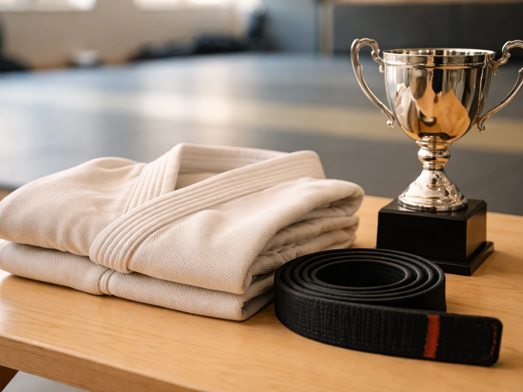 Unbranded trophy cup and neatly folded gi belt on a wooden table with a blurred training mat behind