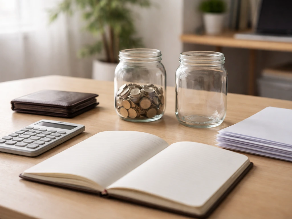 Minimal desk scene with calculator and two glass jars symbolizing cash/investments and liabilities