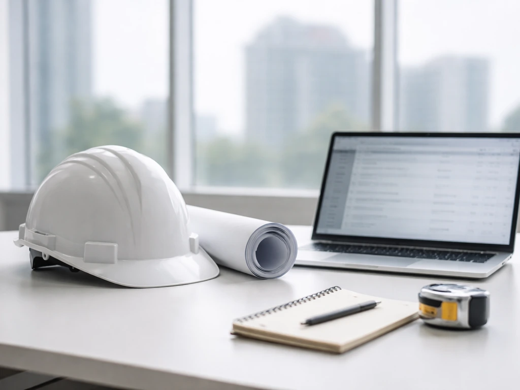 Minimal office scene with construction helmet and blueprint beside a laptop, suggesting construction finance analysis.
