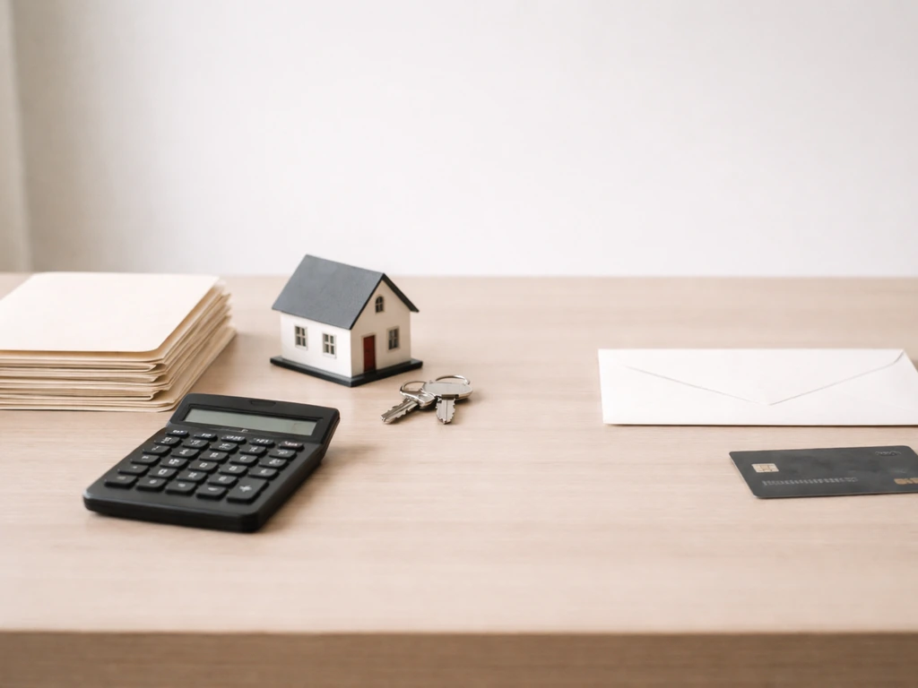 Minimal desk scene with model house and keys on one side, calculator and unopened envelope on the other.