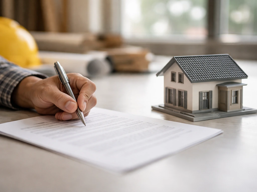 Close-up of a contractor’s hand signing a document beside a small model of a building in an office