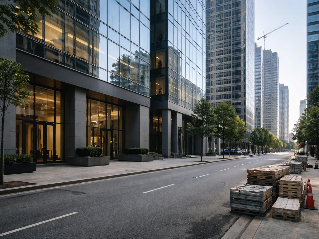 A quiet streetside view of modern commercial office buildings with a construction-focused vibe