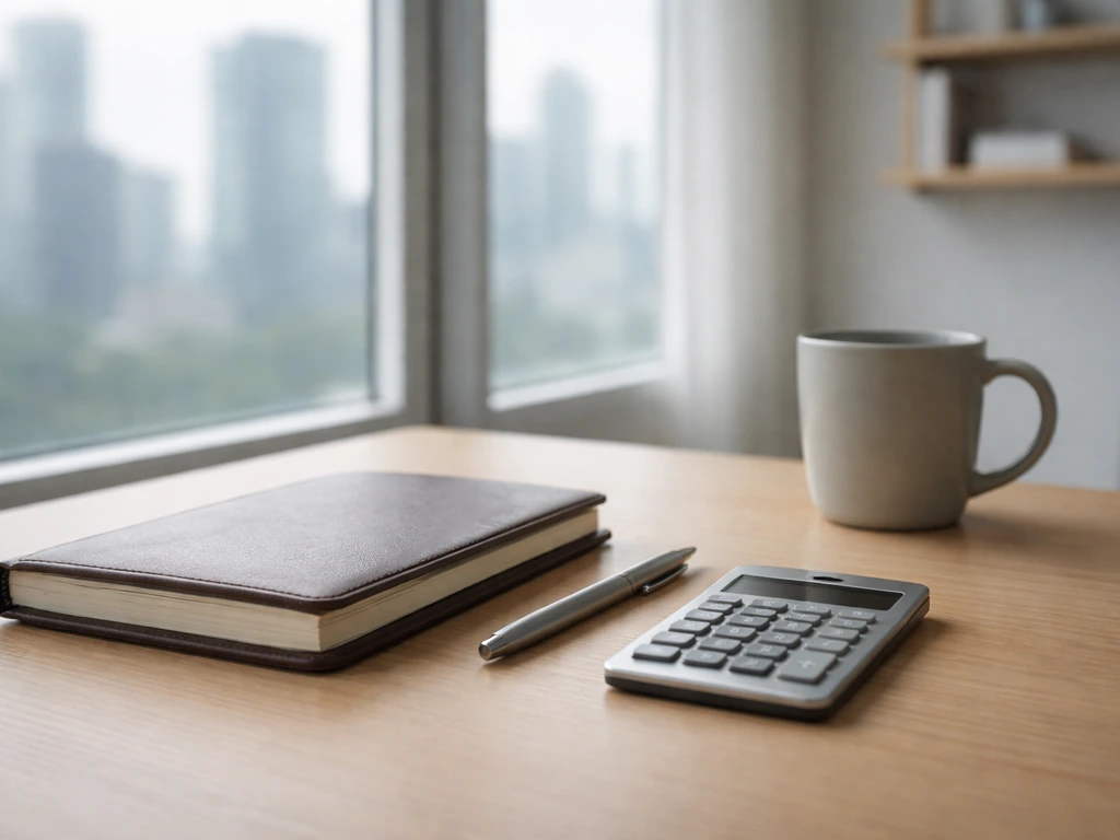 Minimal office desk scene with a notebook and calculator symbolizing rough wealth estimate framework.