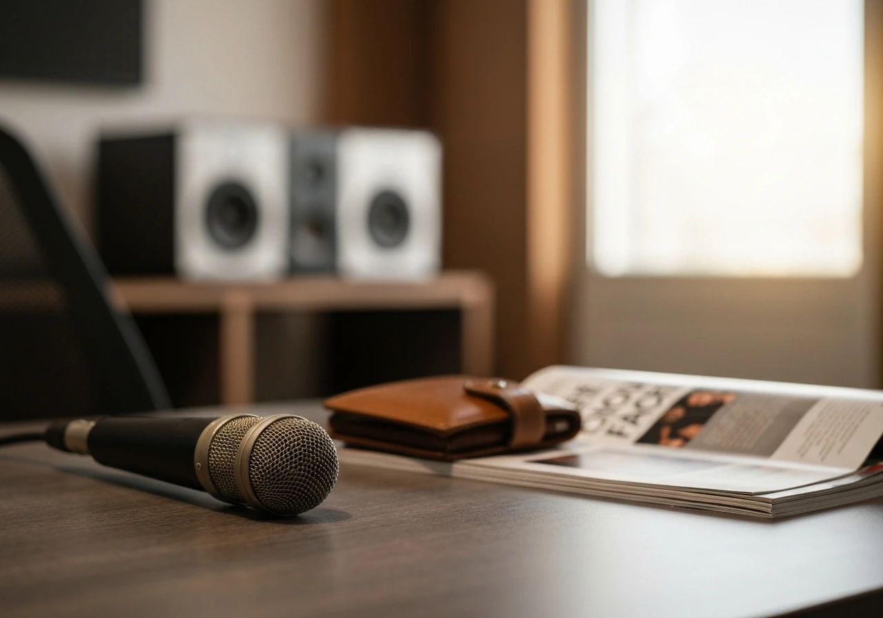 Minimal studio scene with a microphone and blurred financial papers, symbolizing a musician’s estimated net worth.