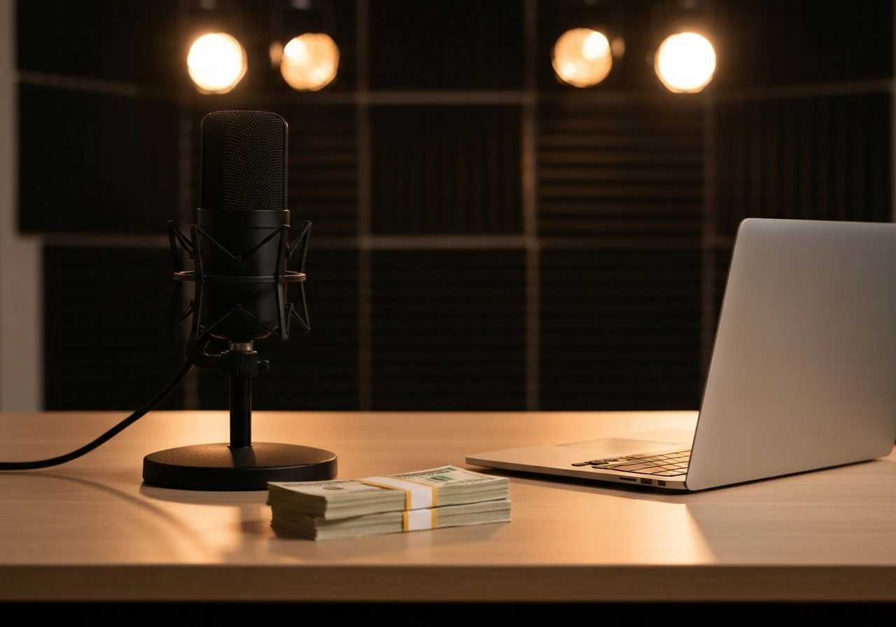 Money and music-industry vibe: studio desk with microphone, blurred lights, and a closed laptop beside cash-like props