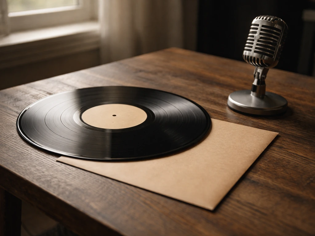 Vinyl record and studio microphone on a wooden desk beside a plain envelope, symbolizing music royalties