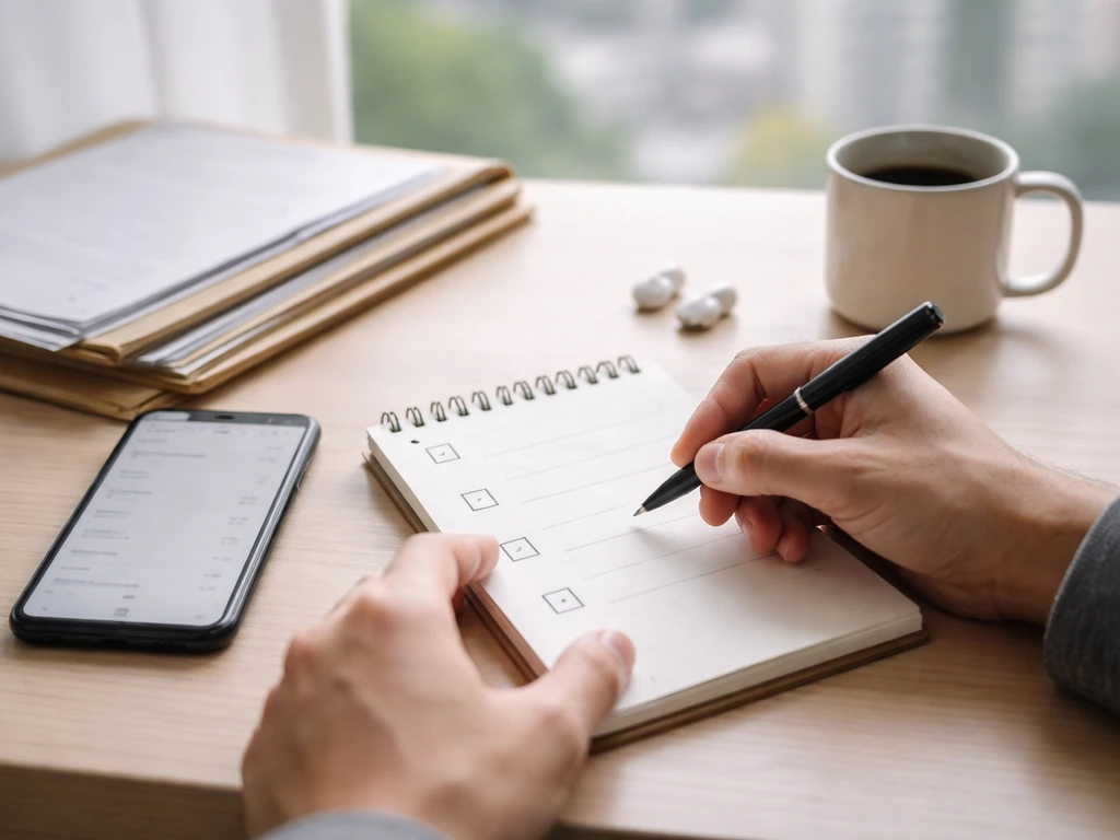 Hands writing on a blank checklist beside documents and a phone on a bright desk.