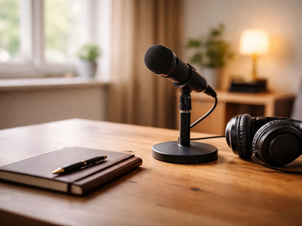 Empty modern media studio desk with microphone and subtle luxury details, suggesting an actor’s creative career
