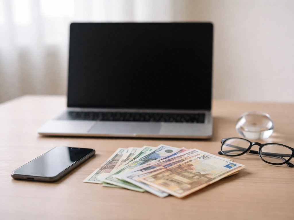 Minimal office desk with a smartphone, cash, and a laptop showing a blank spreadsheet, symbolizing a net worth range