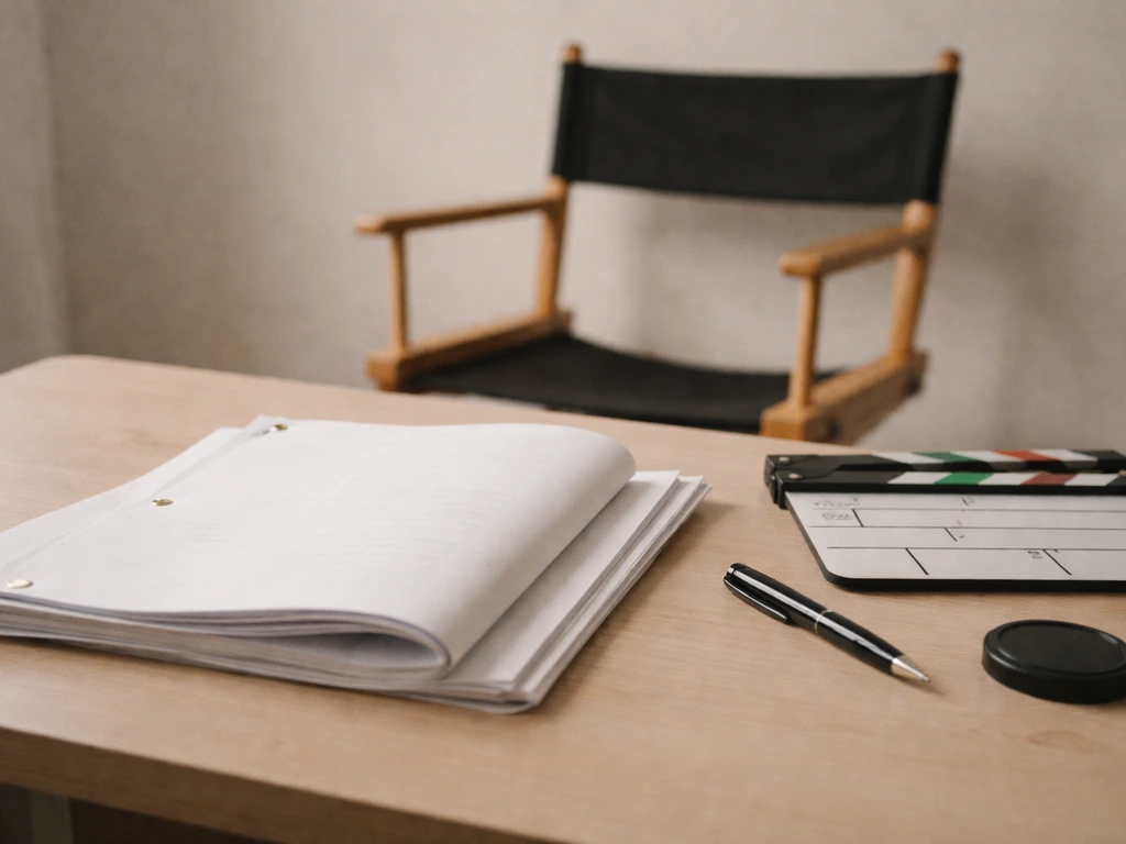 Cinematic director’s chair and a script on a studio desk with soft natural light.