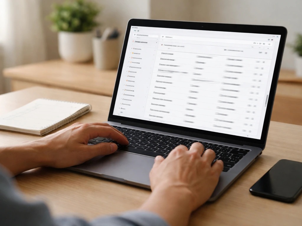 Minimal workspace showing a laptop with an anonymous media-site style credit filter and a paper checklist