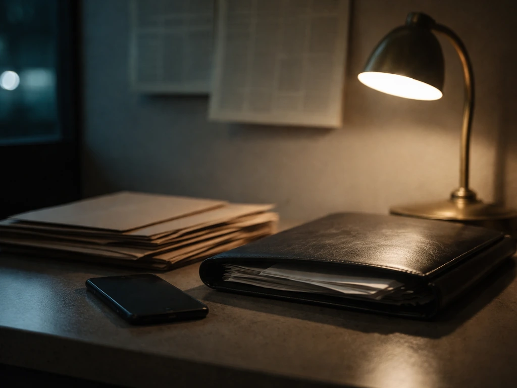 Minimal newsroom desk with envelopes, phone, and blurred newspaper pages implying an anonymous financial investigation