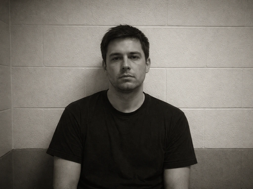 Grainy archival-style black-and-white ID photo of an anonymous man in a plain holding-cell room.