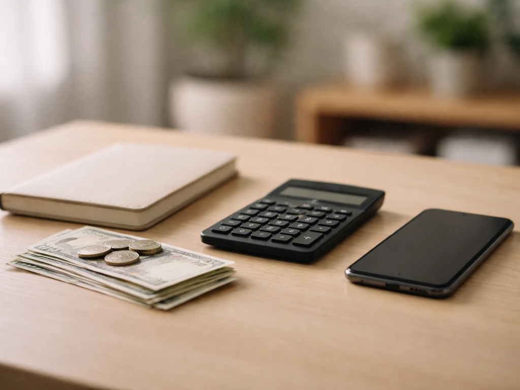 Minimal studio desk scene showing anonymous notebook, cash and coins with a calculator, symbolizing net worth calculatio