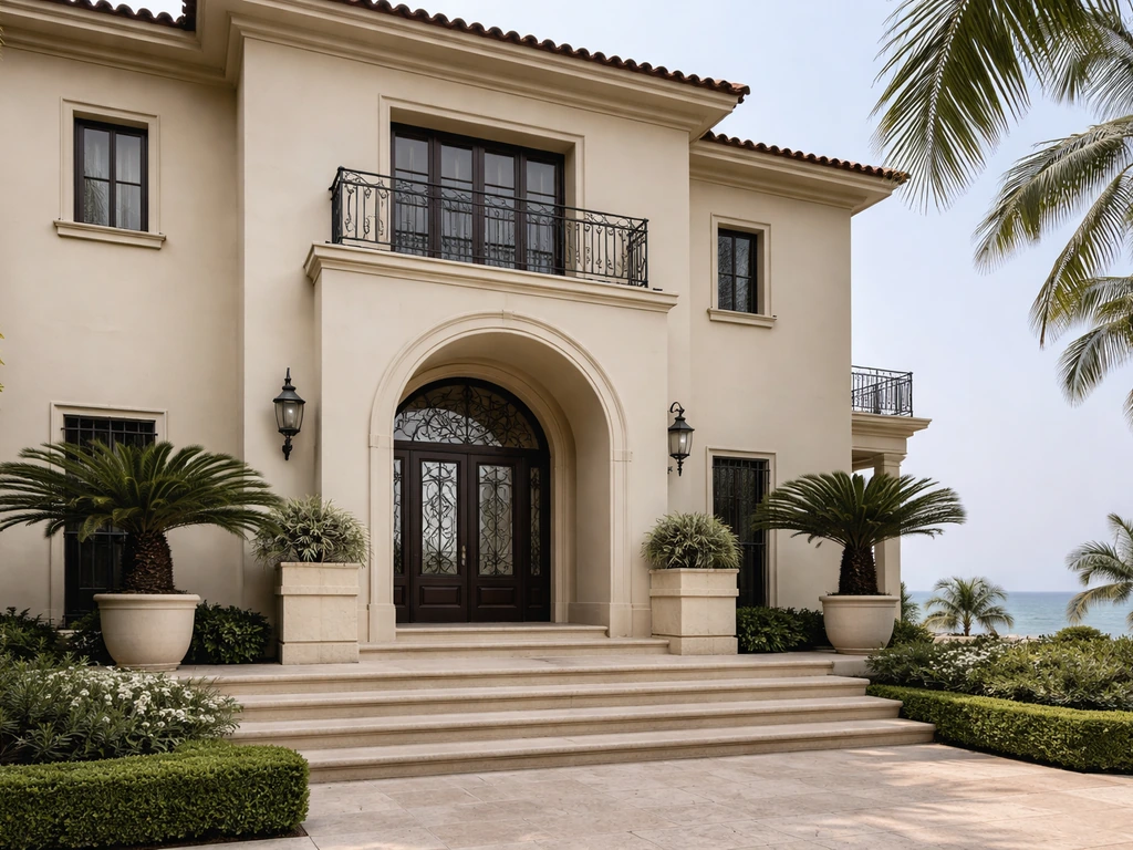 Luxury Puerto Vallarta mansion facade with archway and wrought-iron details, no people, natural daylight.