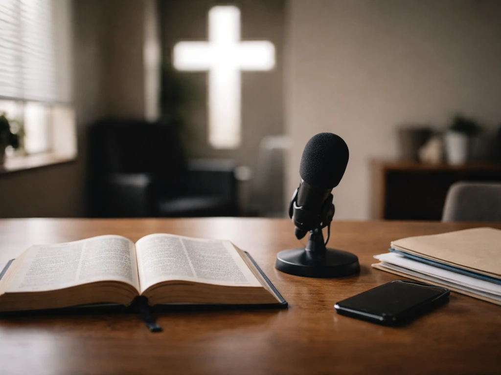 Open Bible and desk microphone in a church office, suggesting ministry and media context.
