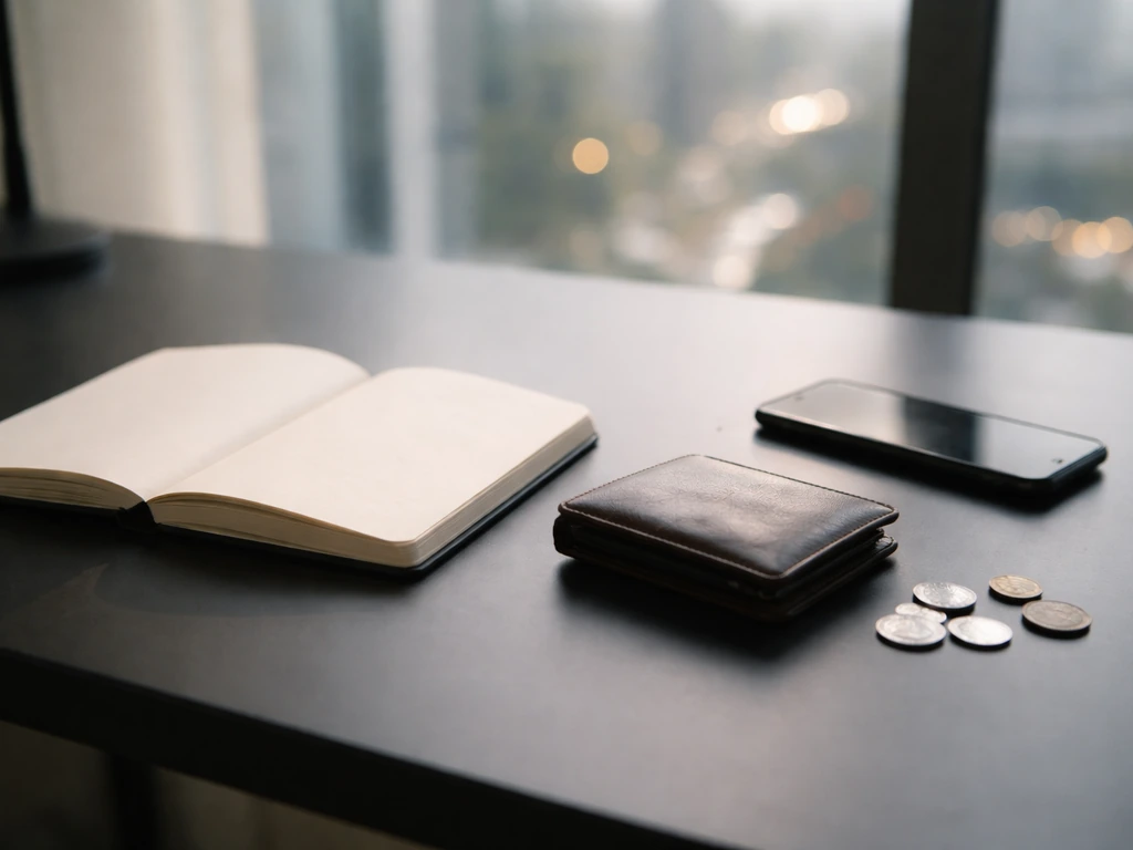 Minimal desk scene with coins and wallet beside an open blank notebook, symbolizing estimated net worth.