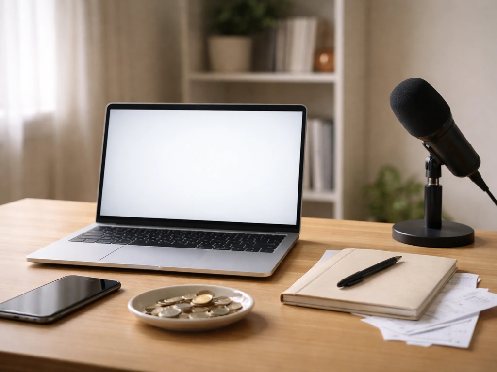 Minimal desk scene with a laptop, smartphone, and coin tray suggesting income sources like media and commerce.