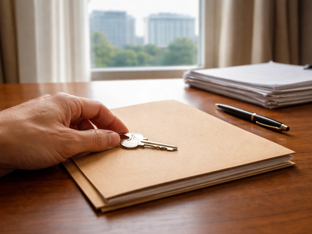 Close-up of a hand placing a simple key and folder on a desk beside a city skyline view.