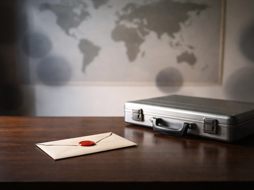 Empty international finance desk with a red sealed envelope and blurred world map background, symbolizing sanctions