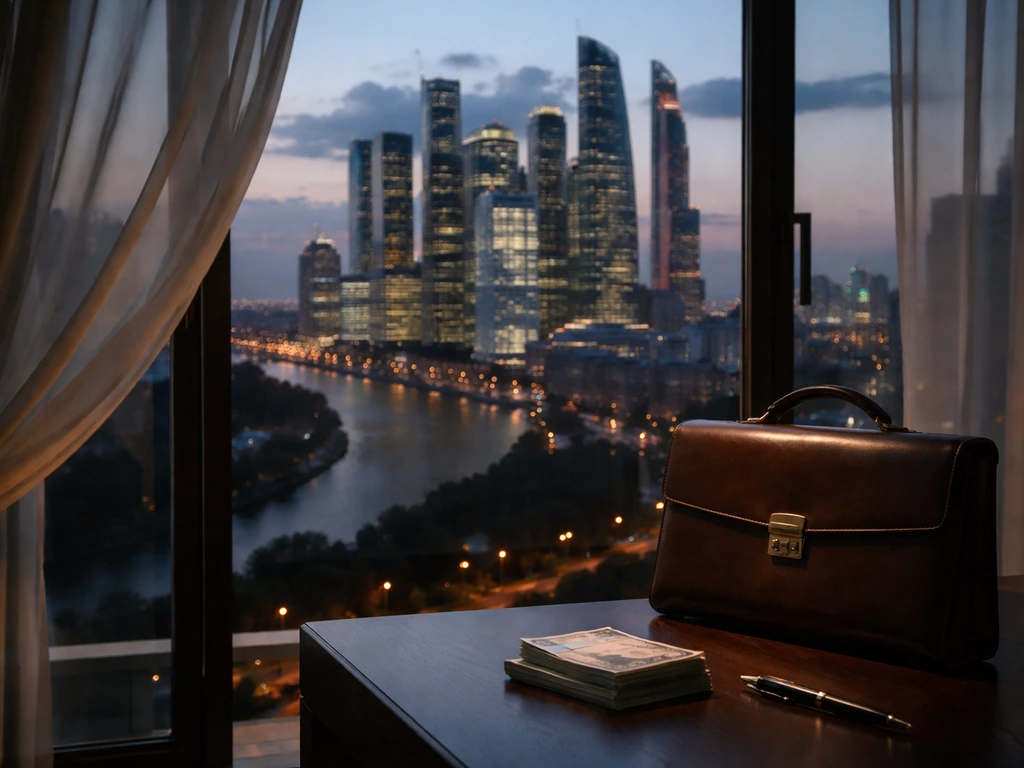 Moscow skyline at dusk with a desk and briefcase, symbolizing private wealth and business holdings.