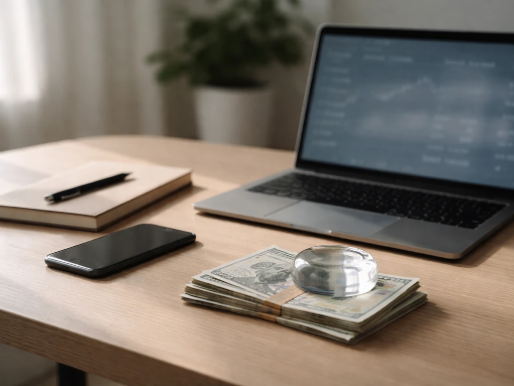 Minimal desk scene with scattered cash and a laptop showing blurred finance numbers, symbolic wealth breakdown