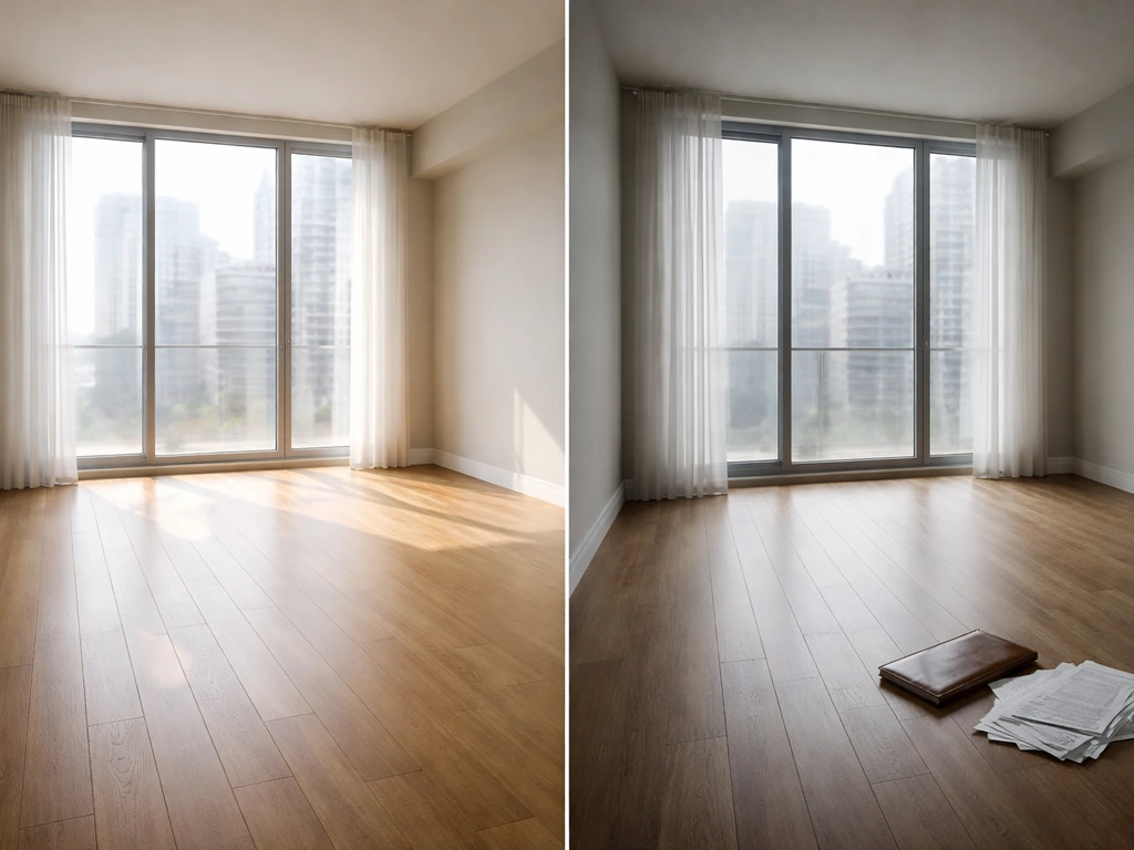 Split view of two simple apartment scenes showing property value up and debt impact down.