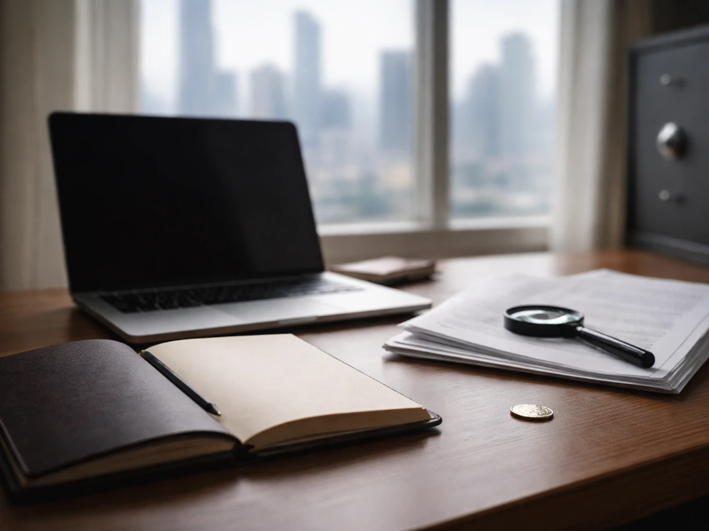 Minimal desk scene with magnifying glass and blank documents, evoking offshore finance research and caution.