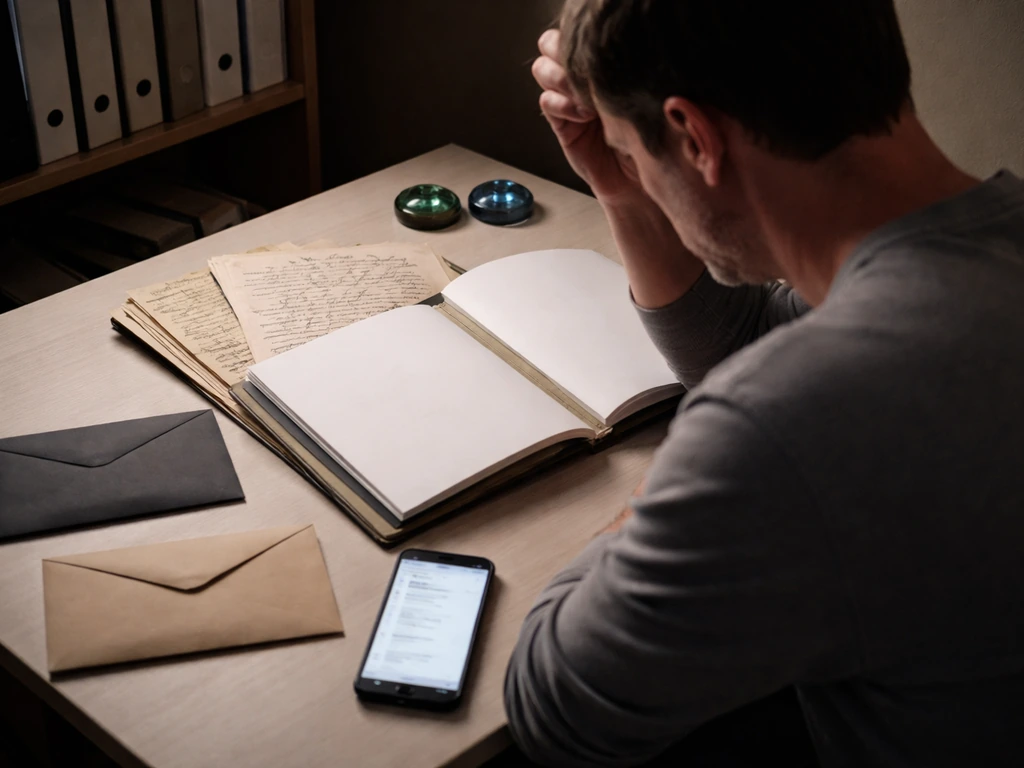 Anonymous man at a desk comparing blank genealogy documents and sealed envelopes, symbolizing mixed identities.