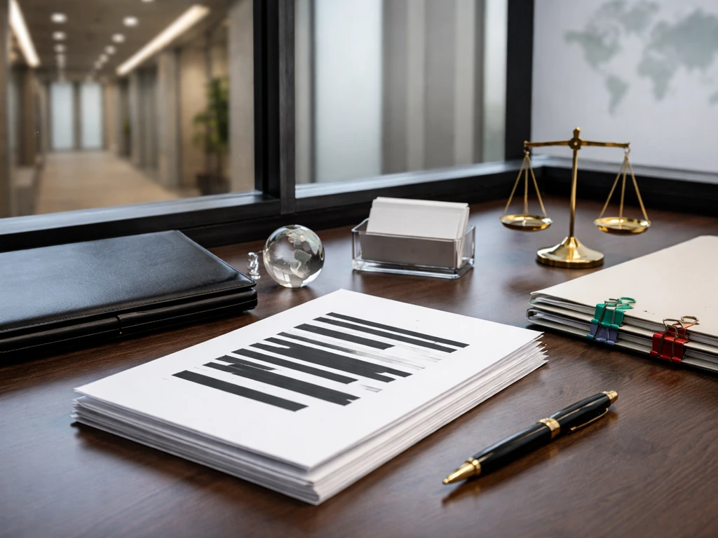 Minimal office desk with documents, pen, portfolio, and globe paperweight suggesting offshore corporate evidence.